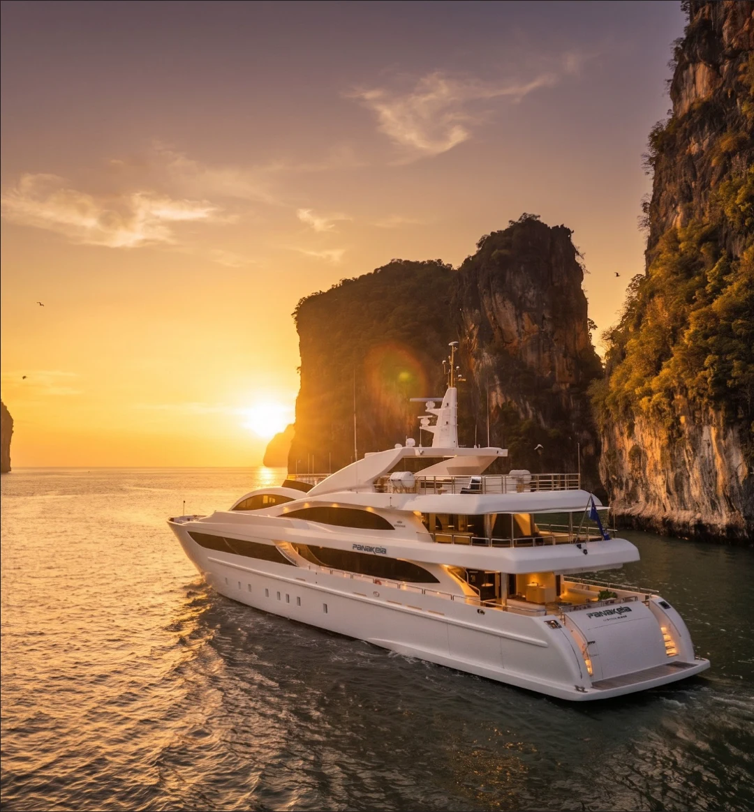 Superyacht Panakeia at sunset among Phang Nga Bay limestone cliffs — EXOTIQ Magazine page 2